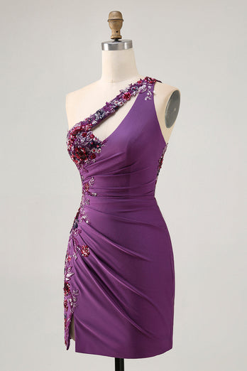 Mörklila One Shoulder Bodycon Homecoming Klänning med applikationer