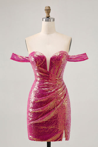 Glittrande Fuchsia Från Axeln Bodycon Paljett Homecoming Klänning