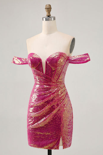 Glittrande Fuchsia Från Axeln Bodycon Paljett Homecoming Klänning