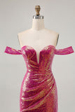 Glittrande Fuchsia Från Axeln Bodycon Paljett Homecoming Klänning