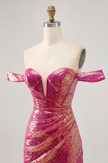 Glittrande Fuchsia Från Axeln Bodycon Paljett Homecoming Klänning