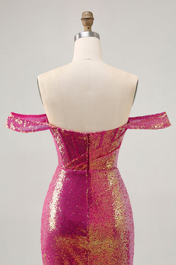 Glittrande Fuchsia Från Axeln Bodycon Paljett Homecoming Klänning