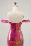 Glittrande Fuchsia Från Axeln Bodycon Paljett Homecoming Klänning