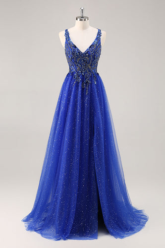 Glitter Royal Blue Beaded A Line Lång Balklänning med slits