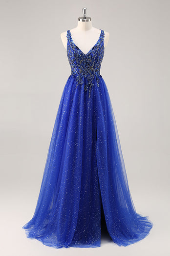 Glitter Royal Blue Beaded A Line Lång Balklänning med slits