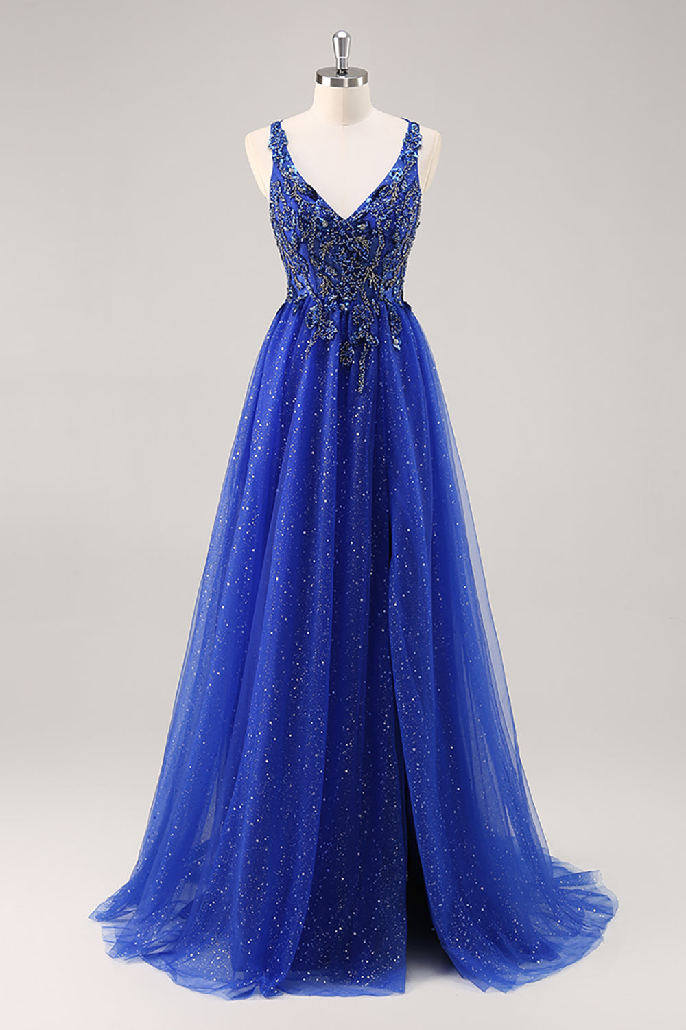Glitter Royal Blue Beaded A Line Lång Balklänning med slits