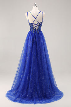 Glitter Royal Blue Beaded A Line Lång Balklänning med slits