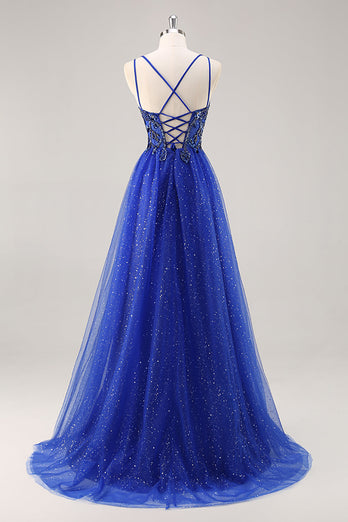 Glitter Royal Blue Beaded A Line Lång Balklänning med slits