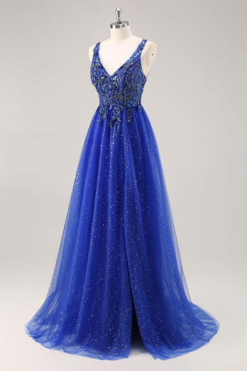 Glitter Royal Blue Beaded A Line Lång Balklänning med slits