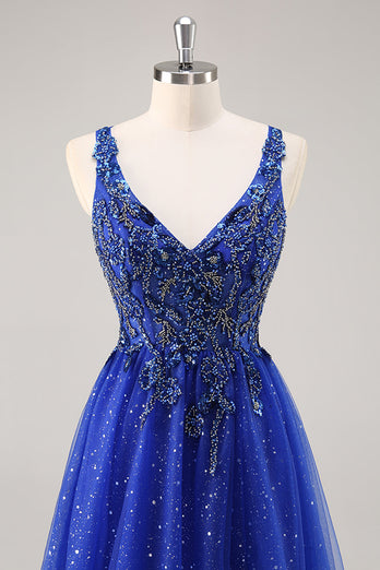 Glitter Royal Blue Beaded A Line Lång Balklänning med slits