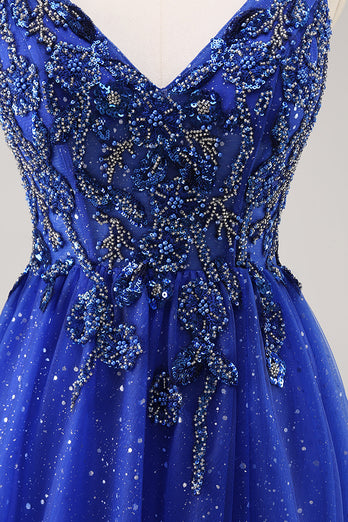 Glitter Royal Blue Beaded A Line Lång Balklänning med slits
