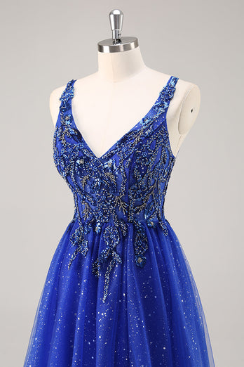 Glitter Royal Blue Beaded A Line Lång Balklänning med slits