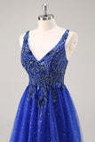 Glitter Royal Blue Beaded A Line Lång Balklänning med slits