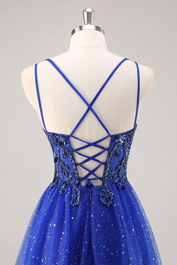 Glitter Royal Blue Beaded A Line Lång Balklänning med slits