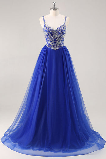 Royal Blue A Line Lång Balklänning med pärlor