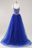 Royal Blue A Line Lång Balklänning med pärlor