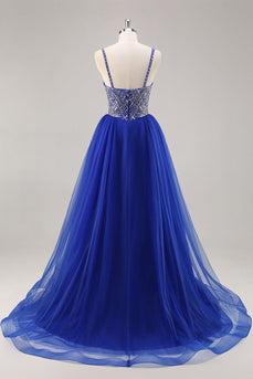 Royal Blue A Line Lång Balklänning med pärlor
