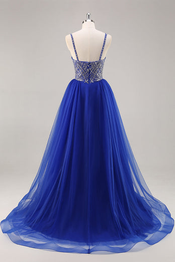 Royal Blue A Line Lång Balklänning med pärlor