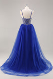 Royal Blue A Line Lång Balklänning med pärlor