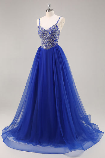 Royal Blue A Line Lång Balklänning med pärlor