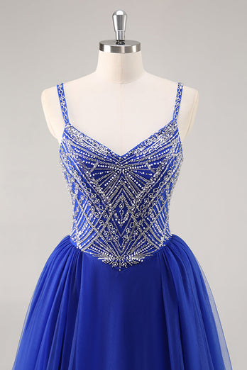 Royal Blue A Line Lång Balklänning med pärlor