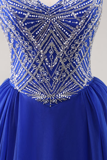 Royal Blue A Line Lång Balklänning med pärlor