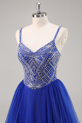 Royal Blue A Line Lång Balklänning med pärlor