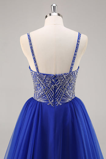 Royal Blue A Line Lång Balklänning med pärlor