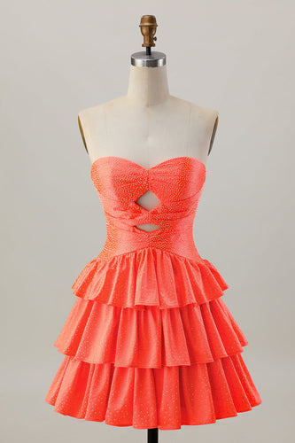 Orange Axelbandslös Tiered A Line Cut Out Homecoming Klänning Med Beading