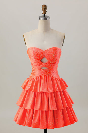 Orange Axelbandslös Tiered A Line Cut Out Homecoming Klänning Med Beading