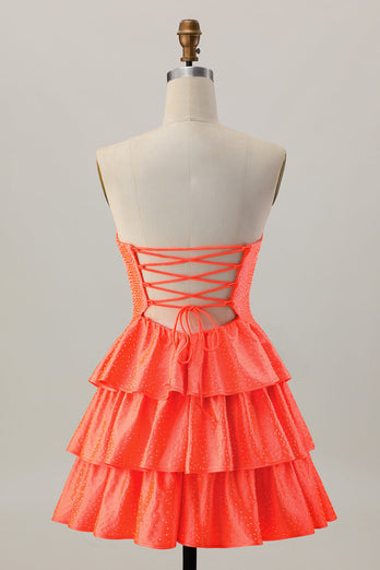 Orange Axelbandslös Tiered A Line Cut Out Homecoming Klänning Med Beading