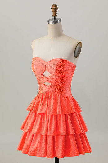 Orange Axelbandslös Tiered A Line Cut Out Homecoming Klänning Med Beading