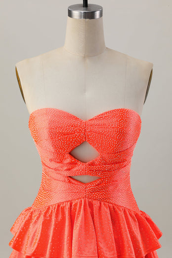 Orange Axelbandslös Tiered A Line Cut Out Homecoming Klänning Med Beading