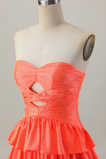 Orange Axelbandslös Tiered A Line Cut Out Homecoming Klänning Med Beading
