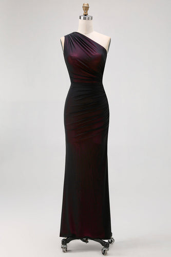 One Shoulder Black Pink Sheath Lång brudtärna klänning med slits