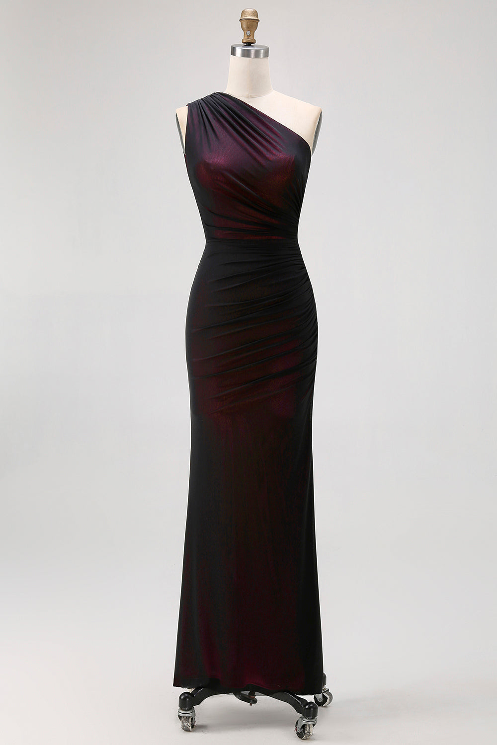 One Shoulder Black Pink Sheath Lång brudtärna klänning med slits