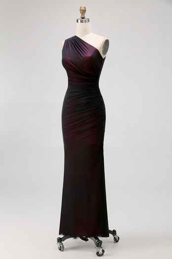 One Shoulder Black Pink Sheath Lång brudtärna klänning med slits