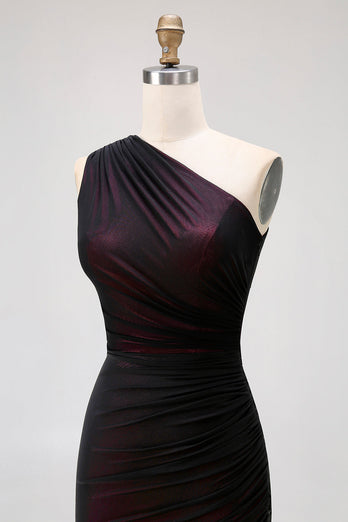 One Shoulder Black Pink Sheath Lång brudtärna klänning med slits