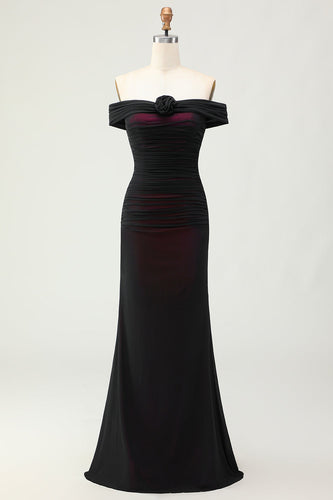 Off the Shoulder Slida Svart Rosa Brudtärna Klänning Med 3D Blomma