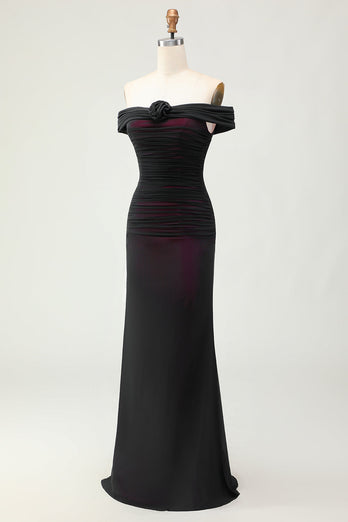 Off the Shoulder Slida Svart Rosa Brudtärna Klänning Med 3D Blomma
