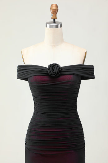 Off the Shoulder Slida Svart Rosa Brudtärna Klänning Med 3D Blomma