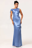 One Shoulder Blå Satin Slida Brudtärna Klänning med slits