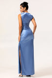 One Shoulder Blå Satin Slida Brudtärna Klänning med slits