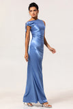 One Shoulder Blå Satin Slida Brudtärna Klänning med slits