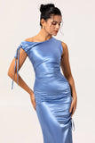 One Shoulder Blå Satin Slida Brudtärna Klänning med slits