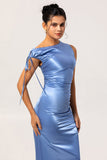 One Shoulder Blå Satin Slida Brudtärna Klänning med slits