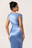One Shoulder Blå Satin Slida Brudtärna Klänning med slits