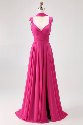 Fuchsia A Line Konvertibel Chiffong Brudtärna Klänning med slits