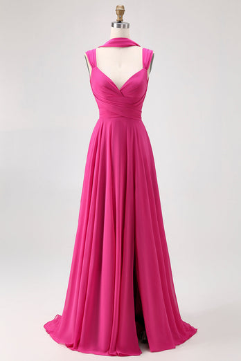 Fuchsia A Line Konvertibel Chiffong Brudtärna Klänning med slits