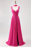 Fuchsia A Line Konvertibel Chiffong Brudtärna Klänning med slits
